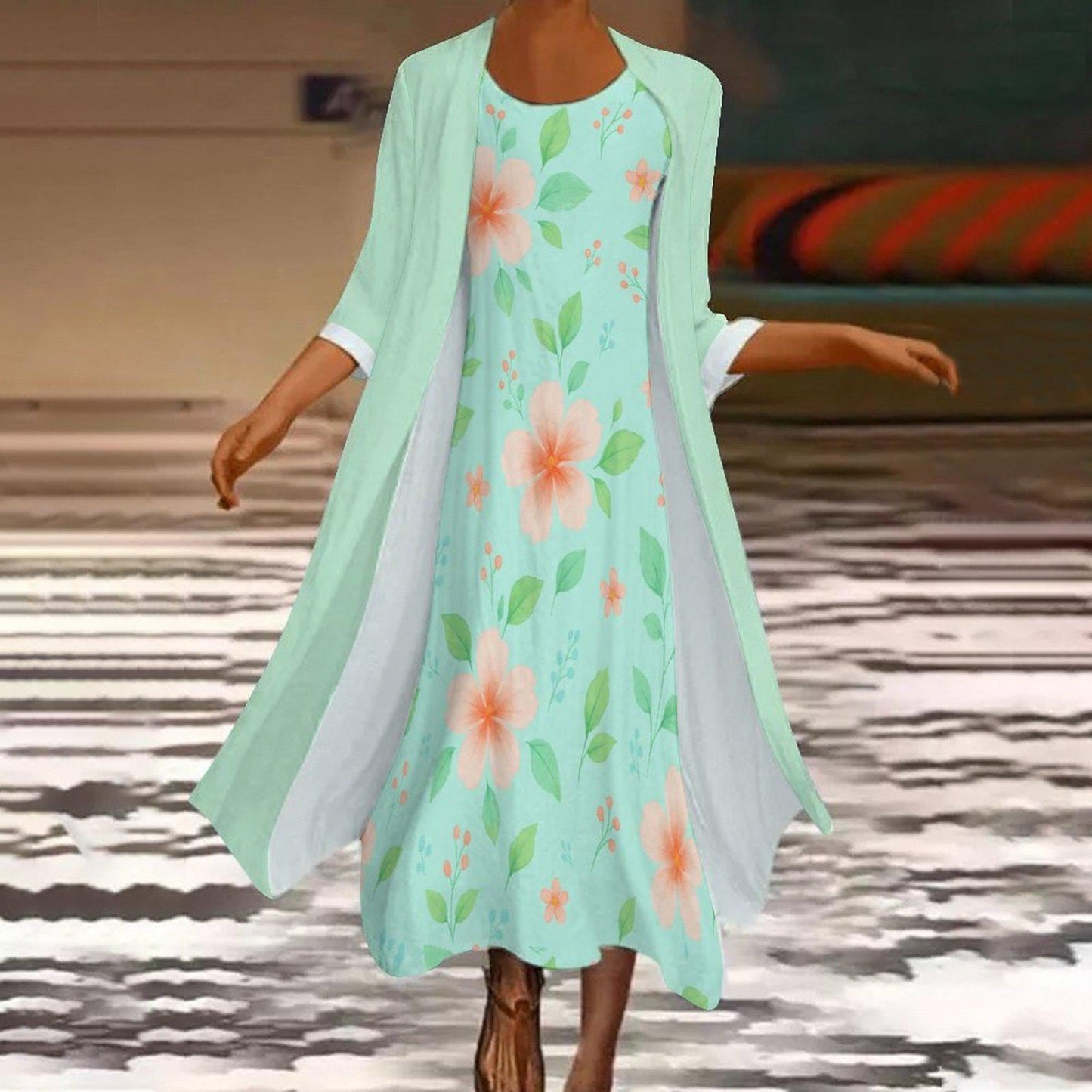 Mint Floral Maxi Dress Set: Elegant Wedding Guest Gown