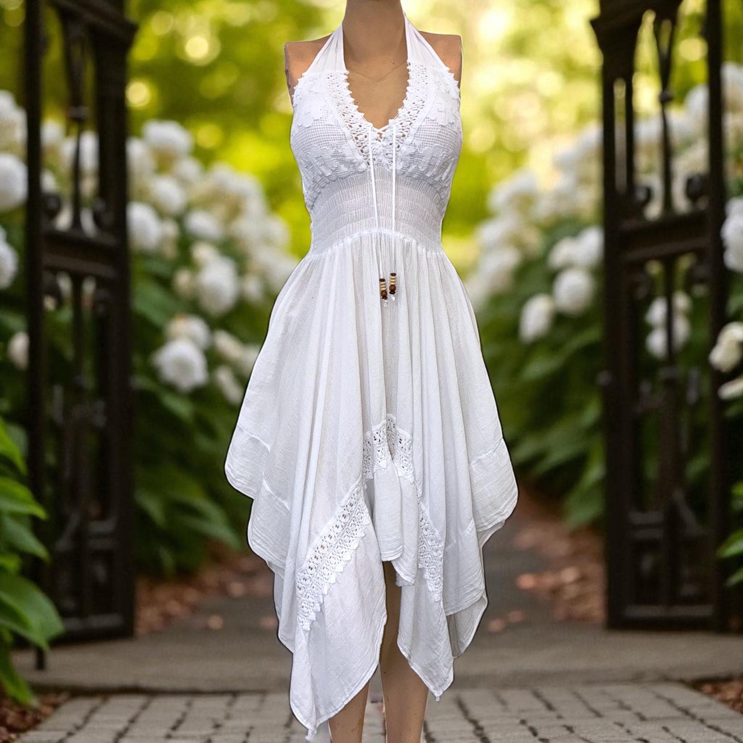 Vestido de verano bohemio 'Puntas Dress' hecho a mano con organic algodón peruano, estilo occidental, talla única (S-M-L) ENVÍO GRATIS