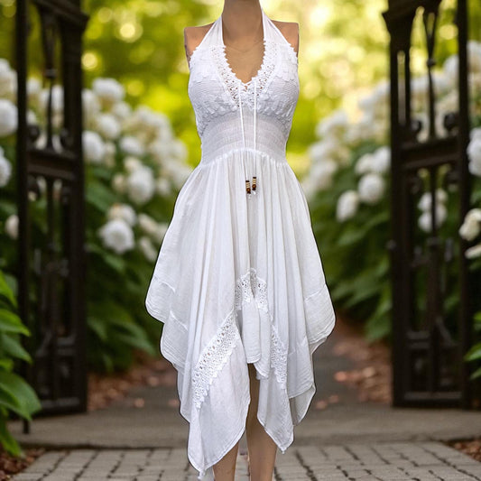 Vestido de verano bohemio 'Puntas Dress' hecho a mano con organic algodón peruano, estilo occidental, talla única (S-M-L) ENVÍO GRATIS