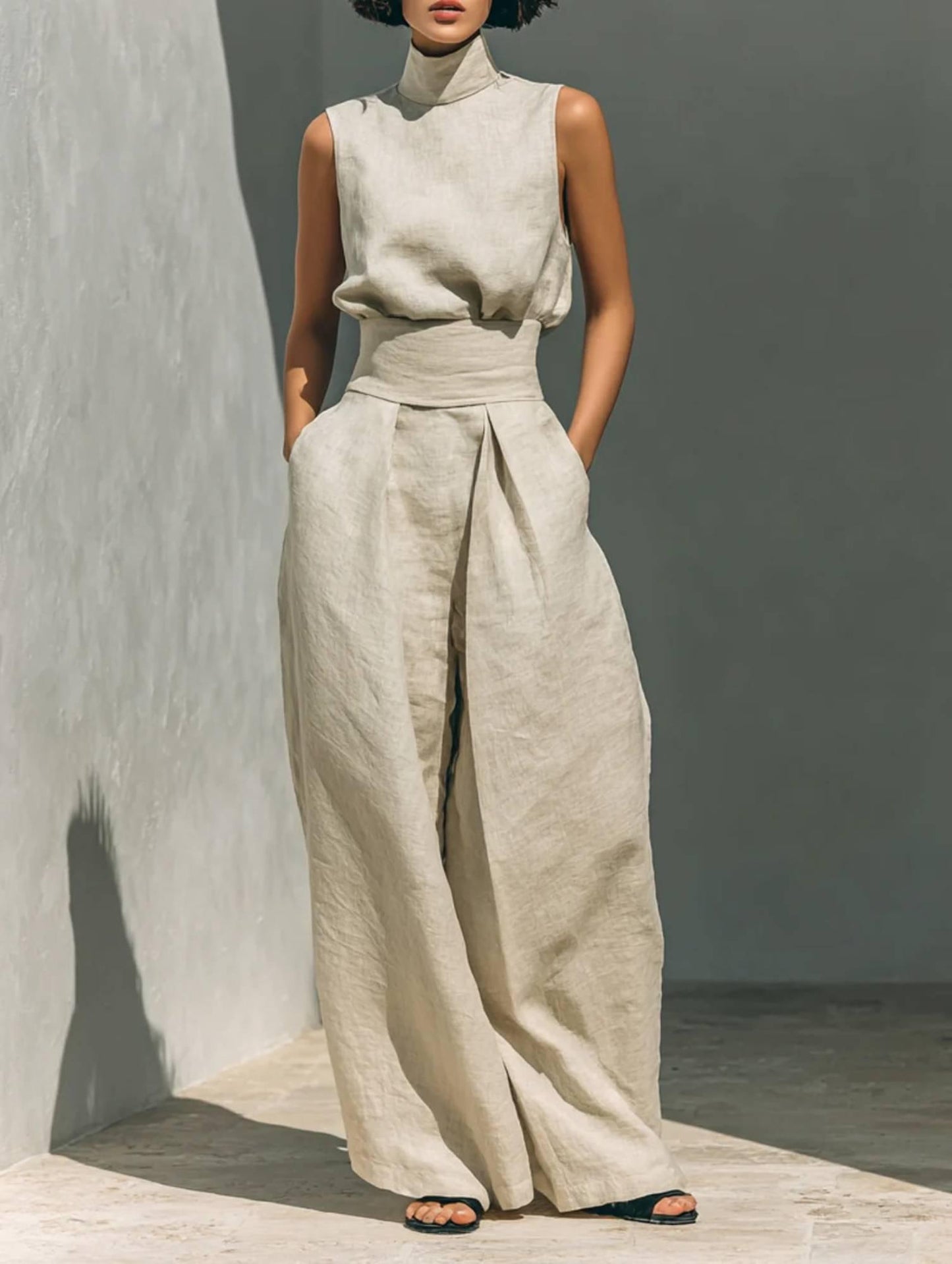 Sleeveless High Neck Jumpsuit | Wide Leg Jumpsuit | Elegant Minimalist Outfit | Chic Casual Wear