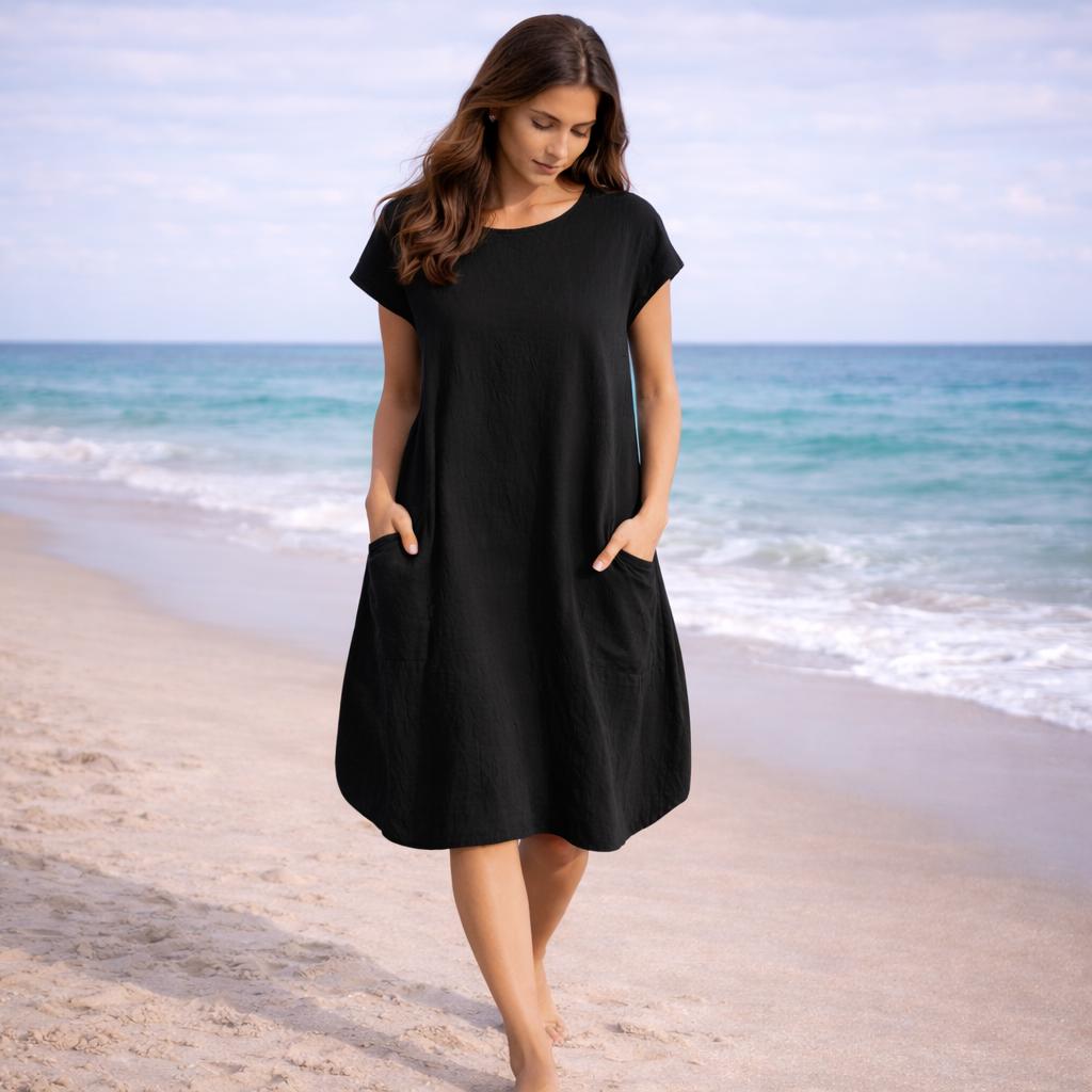 Summer Casual Loose Maxi Dress, Boho Tunics Sundress, Holiday Beach Party Dress, Lightweight Vacation Outfit With Pockets