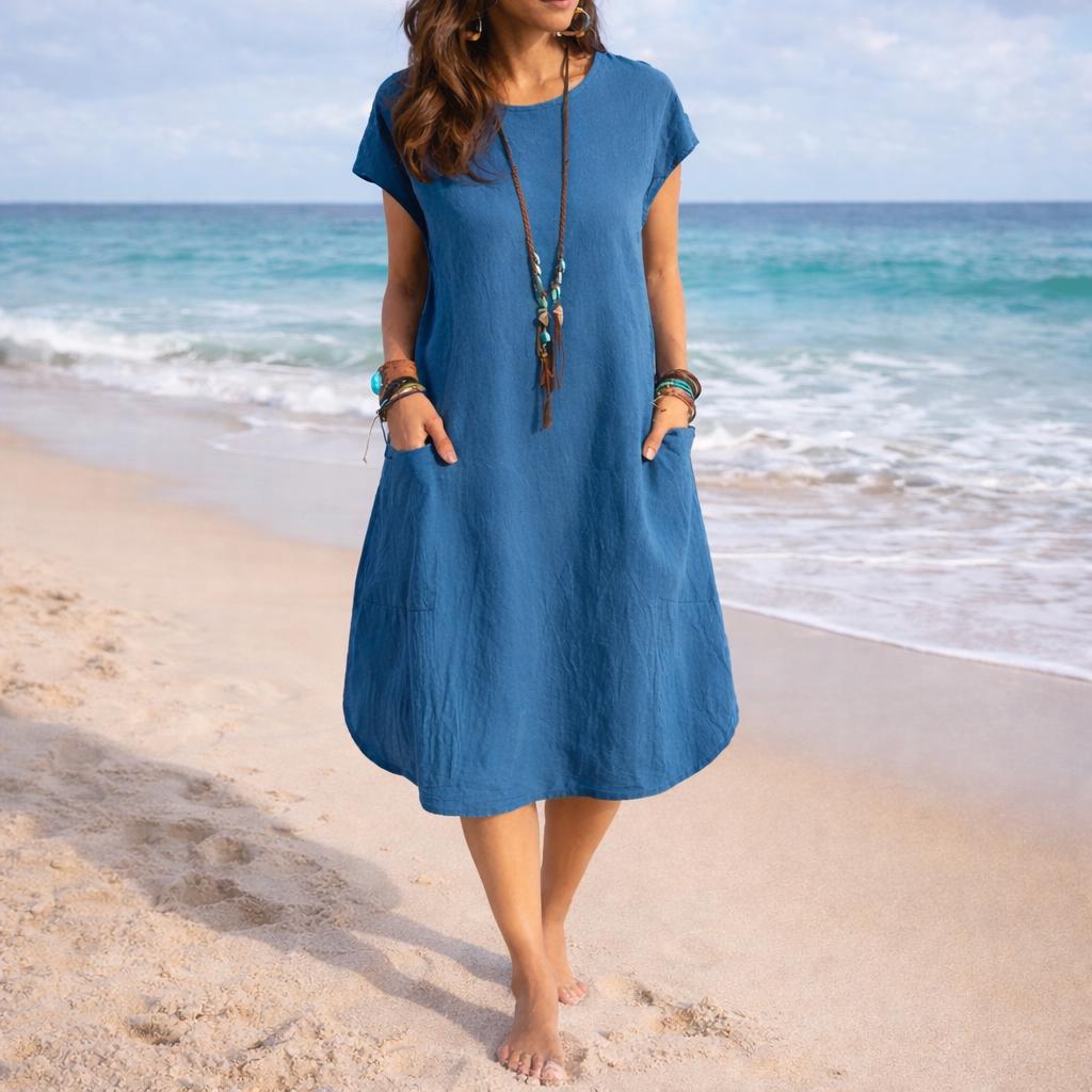 Summer Casual Loose Maxi Dress, Boho Tunics Sundress, Holiday Beach Party Dress, Lightweight Vacation Outfit With Pockets