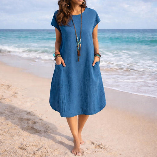 Summer Casual Loose Maxi Dress, Boho Tunics Sundress, Holiday Beach Party Dress, Lightweight Vacation Outfit With Pockets