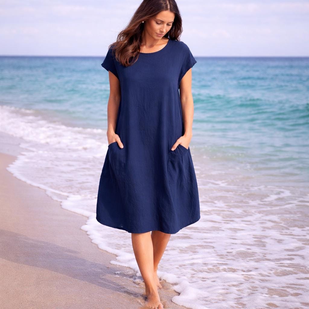 Summer Casual Loose Maxi Dress, Boho Tunics Sundress, Holiday Beach Party Dress, Lightweight Vacation Outfit With Pockets