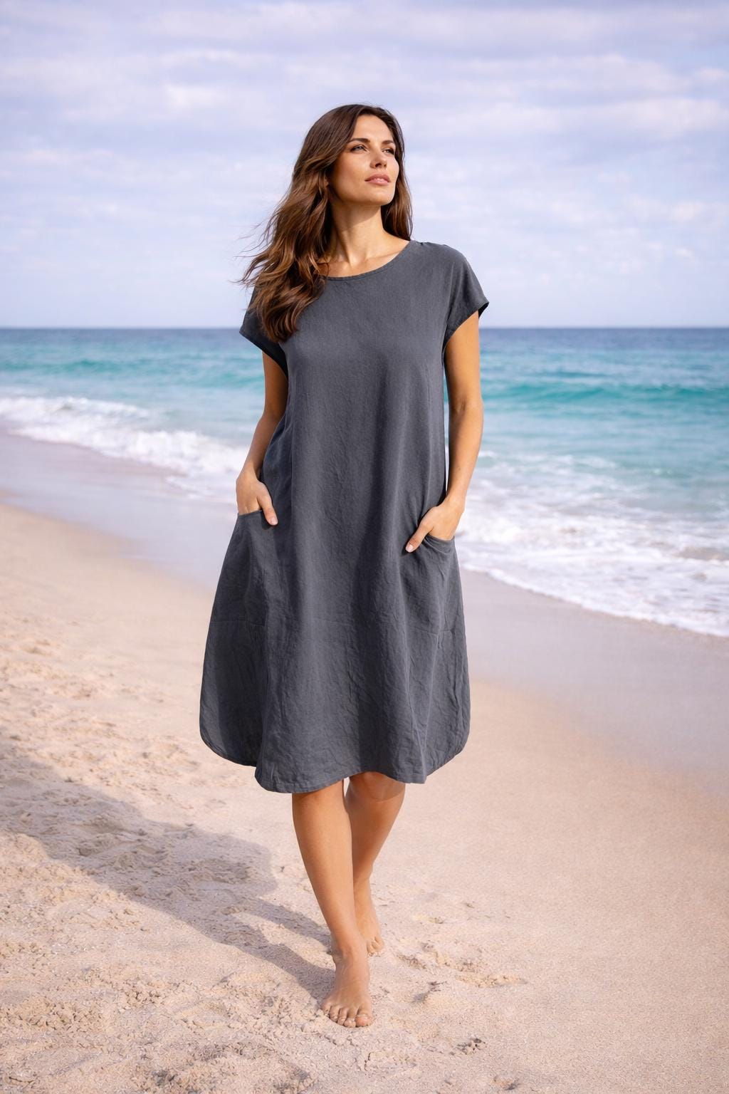 Summer Casual Loose Maxi Dress, Boho Tunics Sundress, Holiday Beach Party Dress, Lightweight Vacation Outfit With Pockets