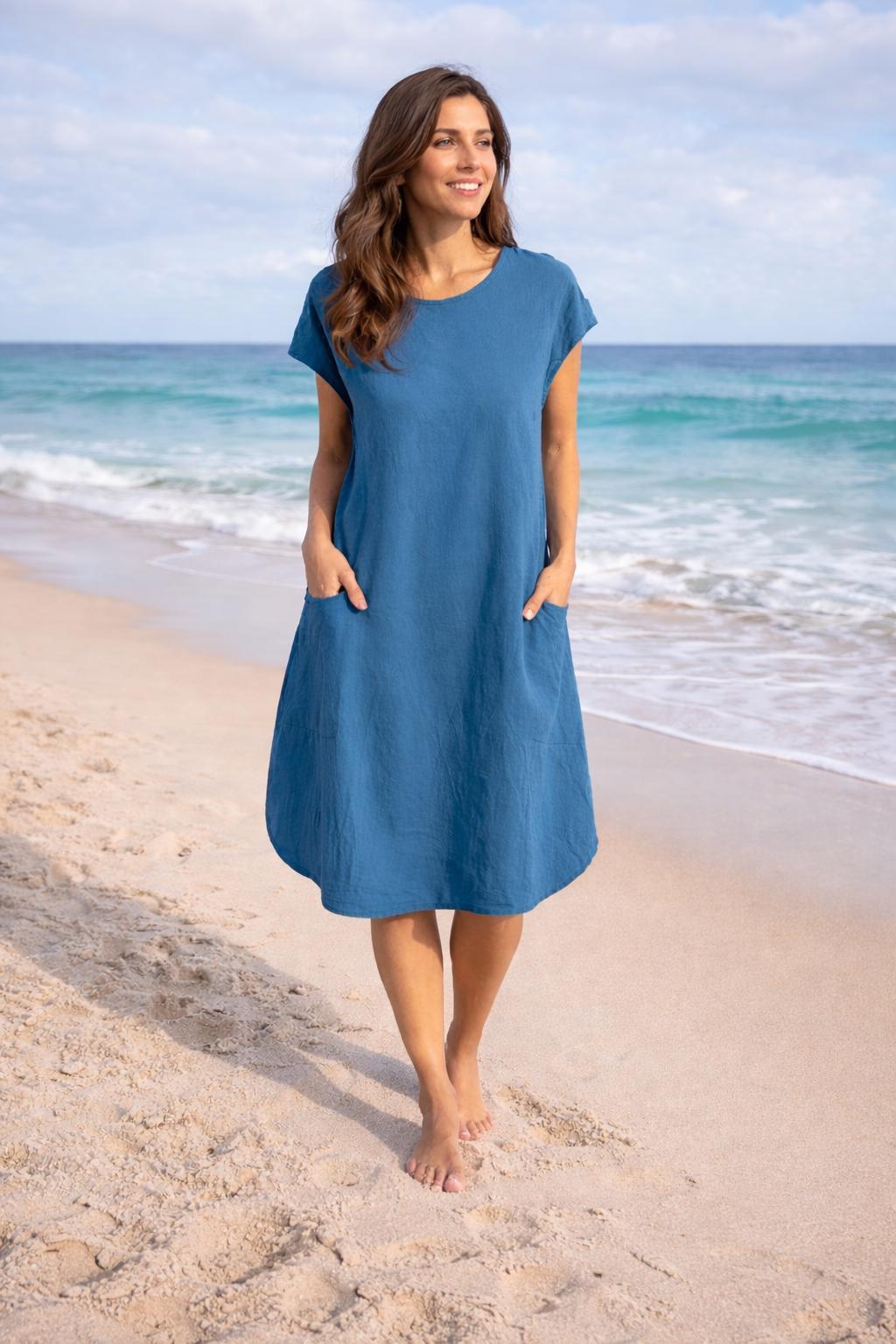 Summer Casual Loose Maxi Dress, Boho Tunics Sundress, Holiday Beach Party Dress, Lightweight Vacation Outfit With Pockets