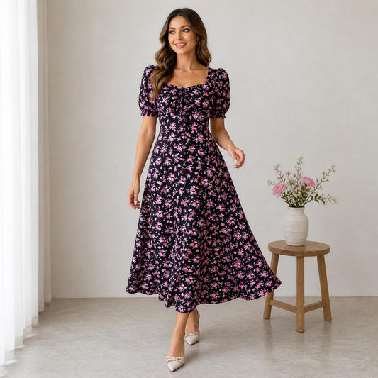 Boho Floral Maxi Dress, Elegant Casual Puff Sleeve Dress, Vintage Romantic Flowy Dress, Garden Party Dress, Bohemian Vacation Outfit
