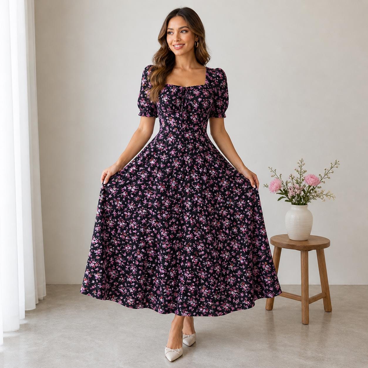 Boho Floral Maxi Dress, Elegant Casual Puff Sleeve Dress, Vintage Romantic Flowy Dress, Garden Party Dress, Bohemian Vacation Outfit