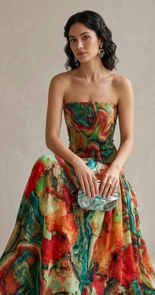 Elegant A-Line Summer Maxi Dress | Strapless Floral Print Evening Gown