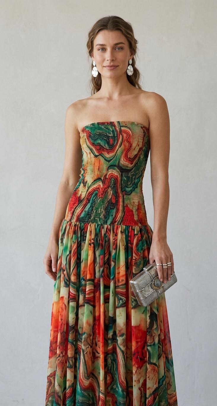 Elegant A-Line Summer Maxi Dress | Strapless Floral Print Evening Gown