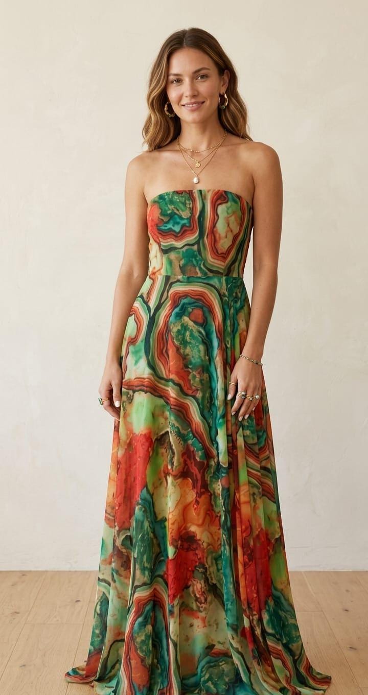 Elegant A-Line Summer Maxi Dress | Strapless Floral Print Evening Gown
