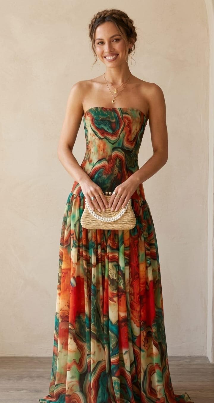 Elegant A-Line Summer Maxi Dress | Strapless Floral Print Evening Gown