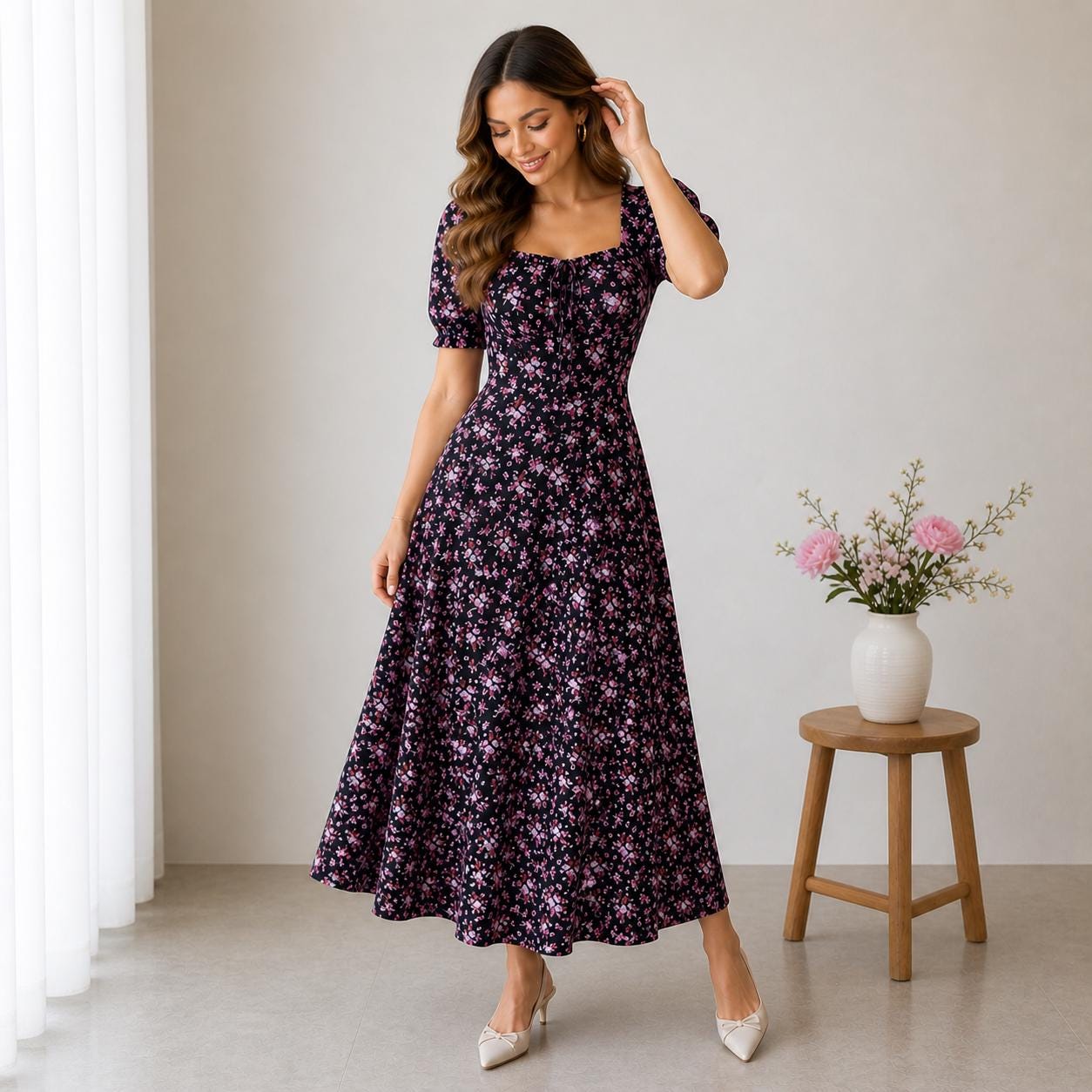 Boho Floral Maxi Dress, Elegant Casual Puff Sleeve Dress, Vintage Romantic Flowy Dress, Garden Party Dress, Bohemian Vacation Outfit