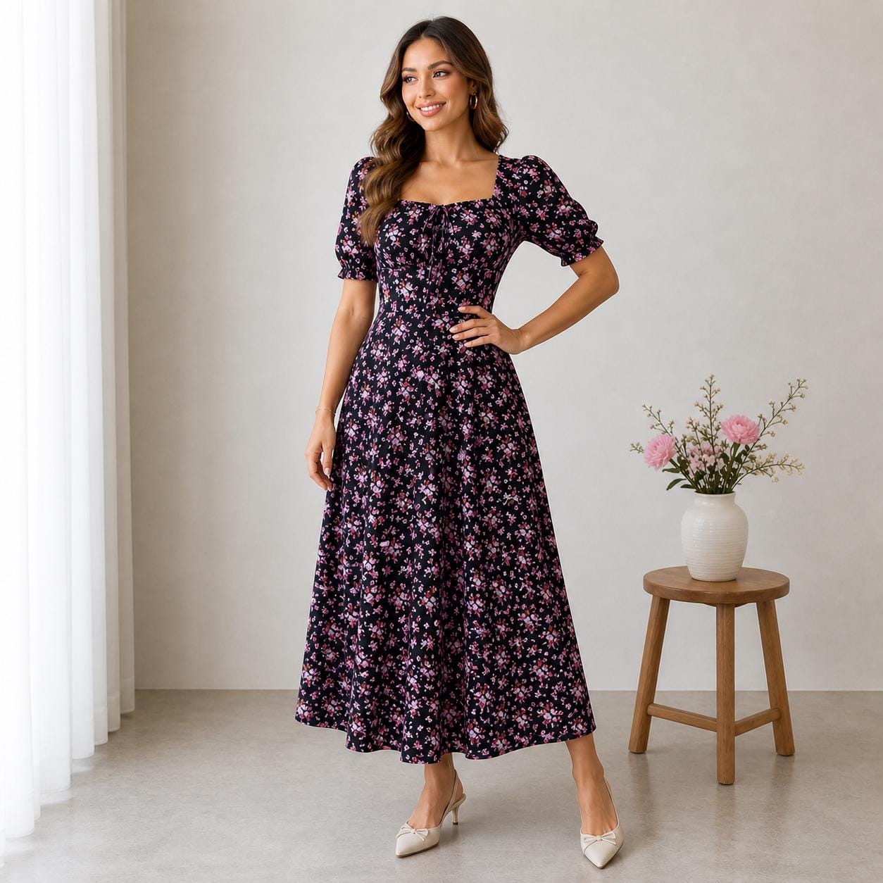 Boho Floral Maxi Dress, Elegant Casual Puff Sleeve Dress, Vintage Romantic Flowy Dress, Garden Party Dress, Bohemian Vacation Outfit