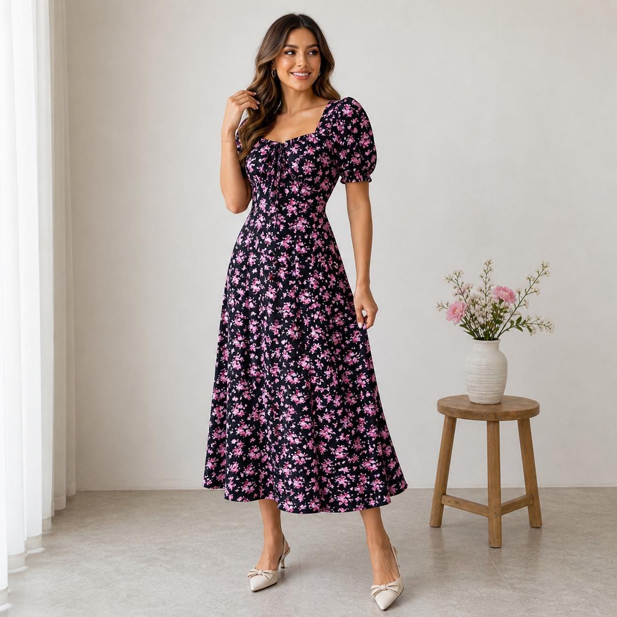 Boho Floral Maxi Dress, Elegant Casual Puff Sleeve Dress, Vintage Romantic Flowy Dress, Garden Party Dress, Bohemian Vacation Outfit