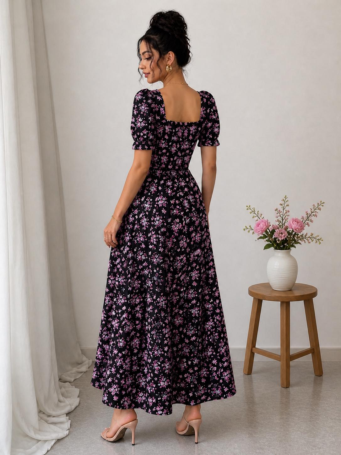 Boho Floral Maxi Dress, Elegant Casual Puff Sleeve Dress, Vintage Romantic Flowy Dress, Garden Party Dress, Bohemian Vacation Outfit