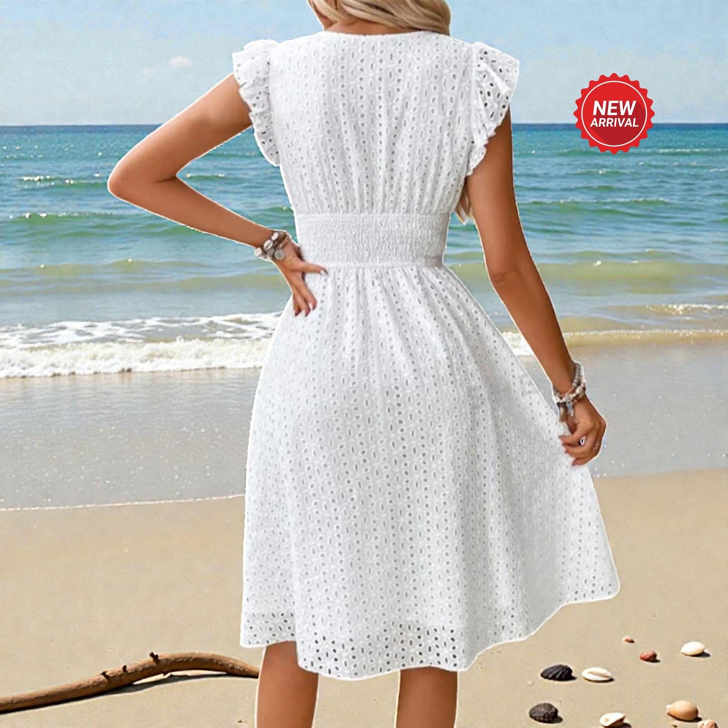 Women's Summer V-Neck Beach Dress Flare Sleeve Lace Waist Holiday Sundress