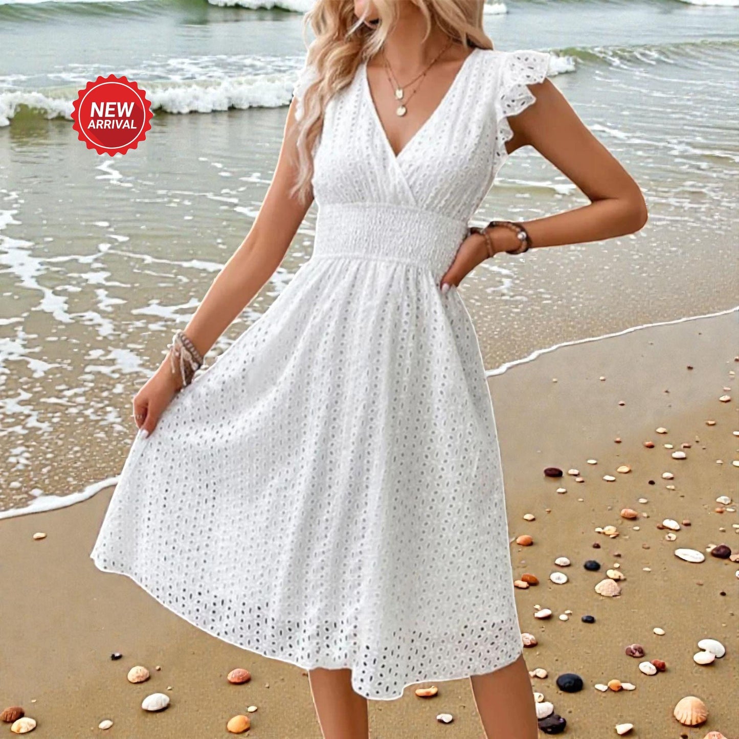 Women's Summer V-Neck Beach Dress Flare Sleeve Lace Waist Holiday Sundress