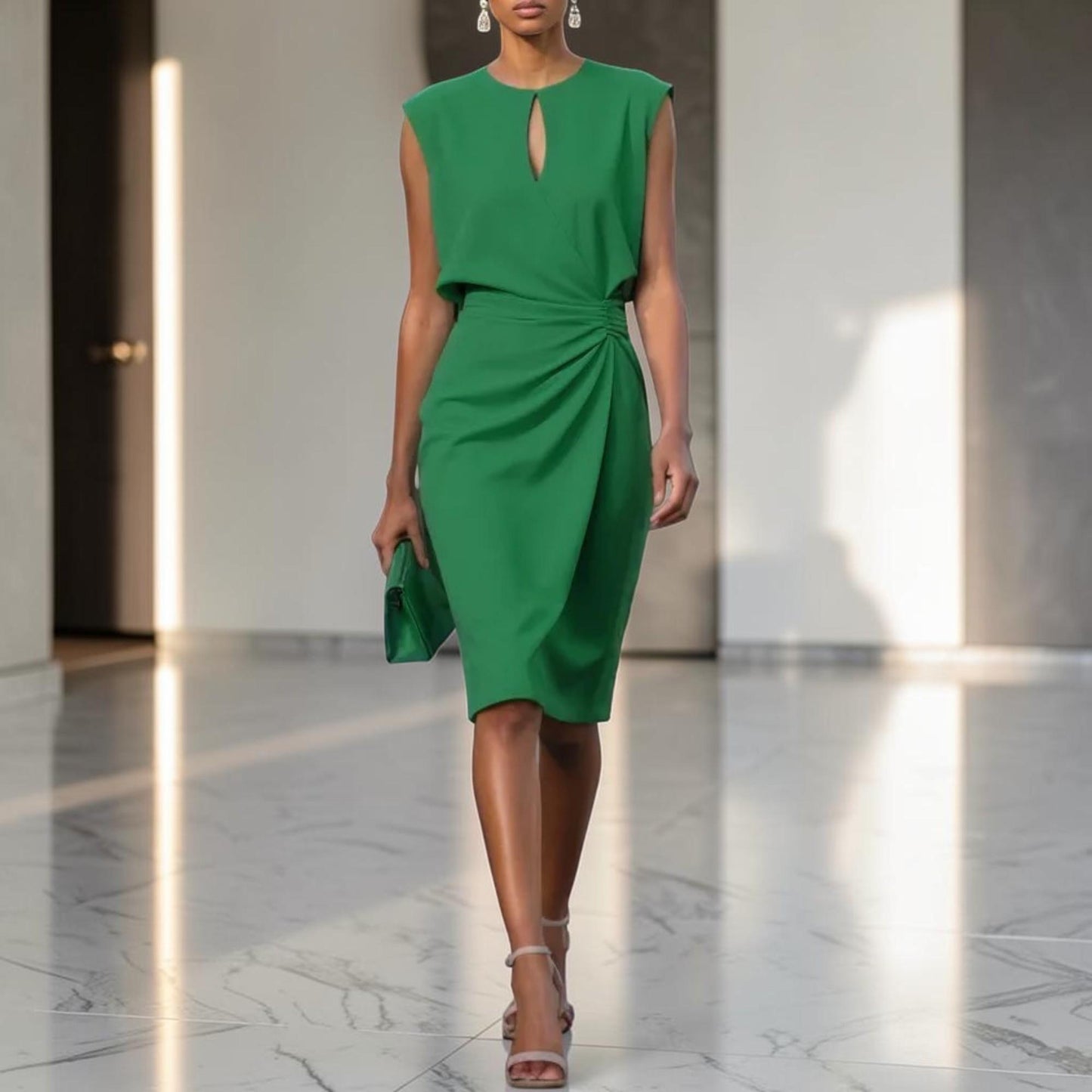 Elegant Midi Dress – Sleeveless Knot Waist Formal Dress – Wedding Guest Party Outfit – Chic Feminine Occasion Dress