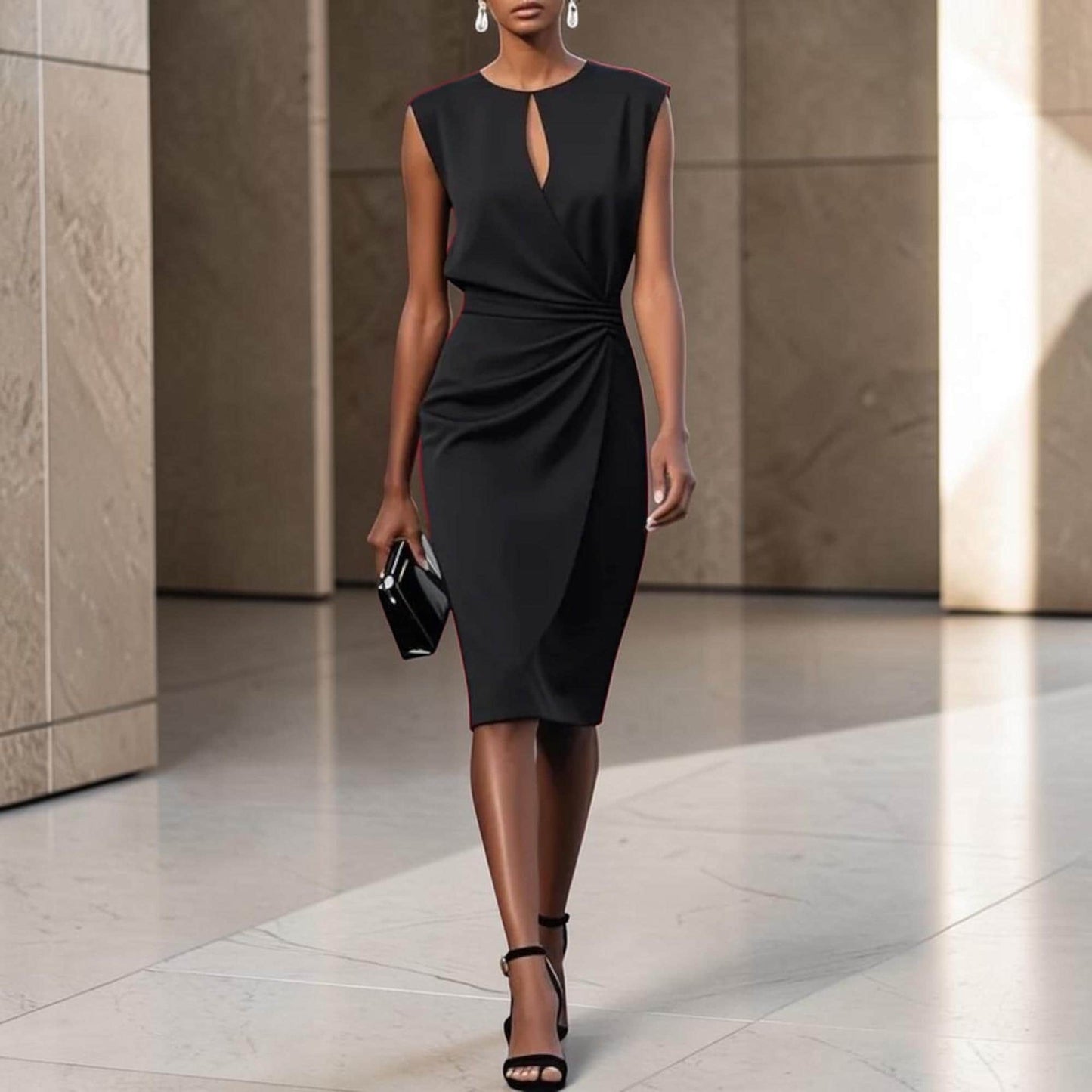 Elegant Midi Dress – Sleeveless Knot Waist Formal Dress – Wedding Guest Party Outfit – Chic Feminine Occasion Dress