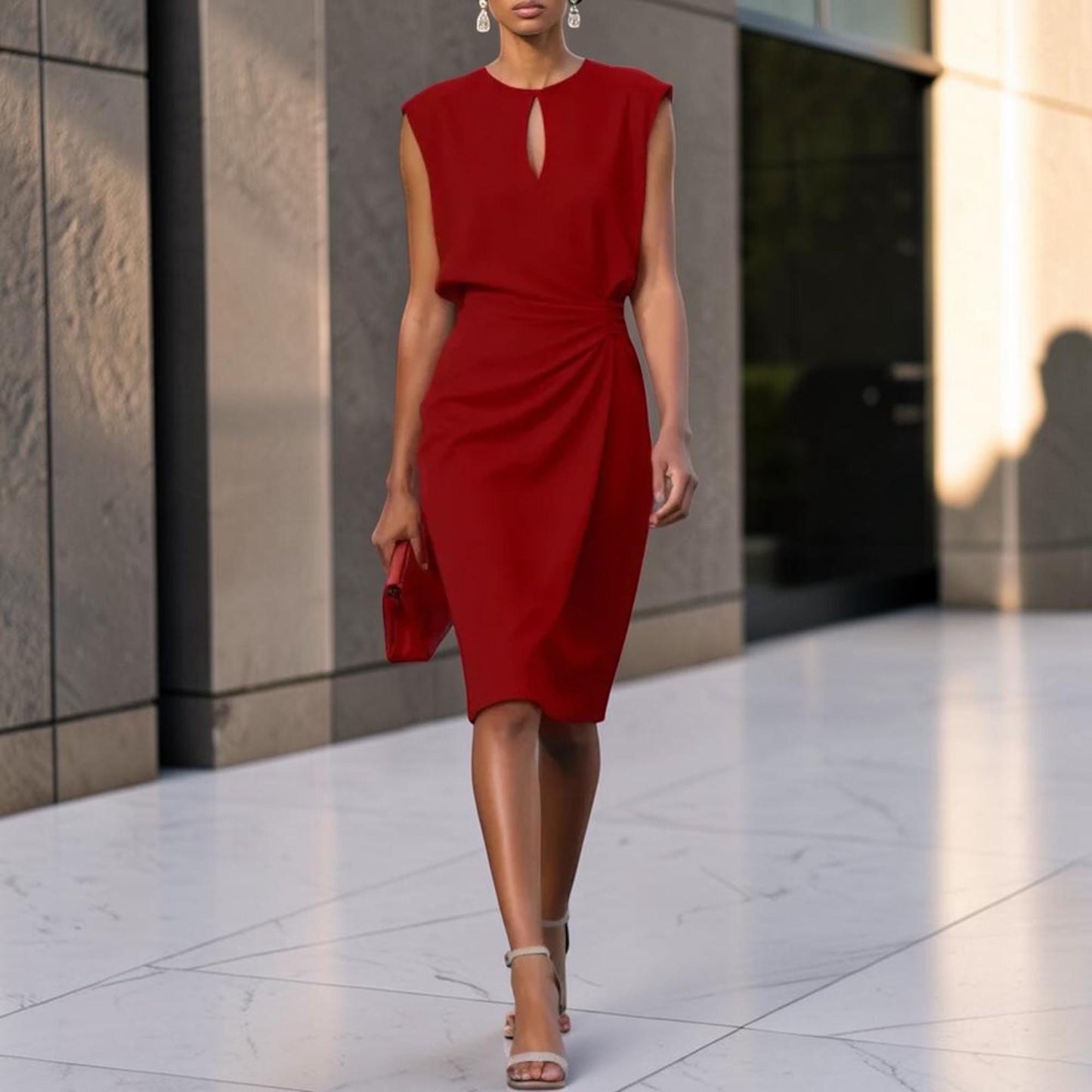 Elegant Midi Dress – Sleeveless Knot Waist Formal Dress – Wedding Guest Party Outfit – Chic Feminine Occasion Dress