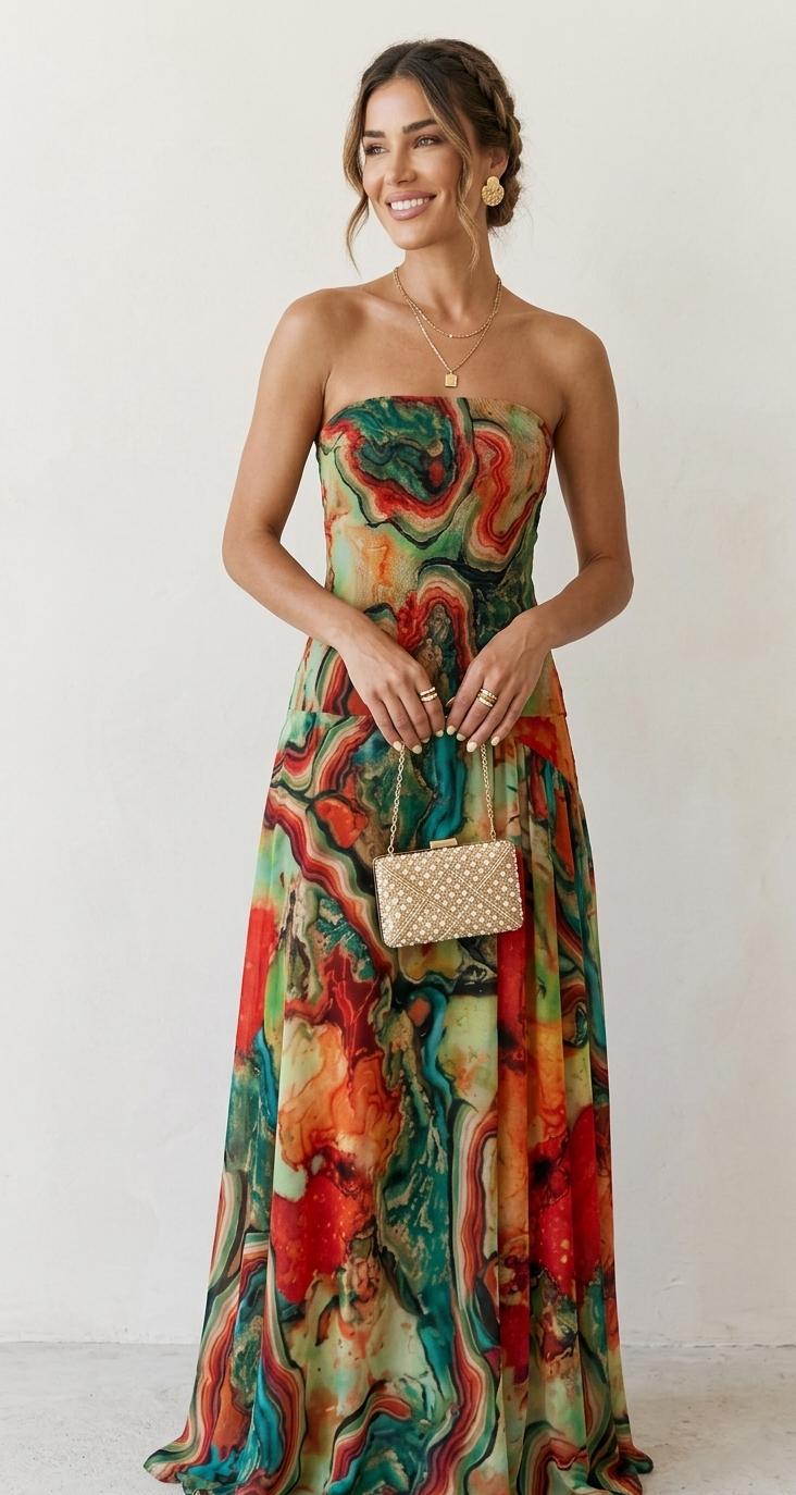 Elegant A-Line Summer Maxi Dress | Strapless Floral Print Evening Gown