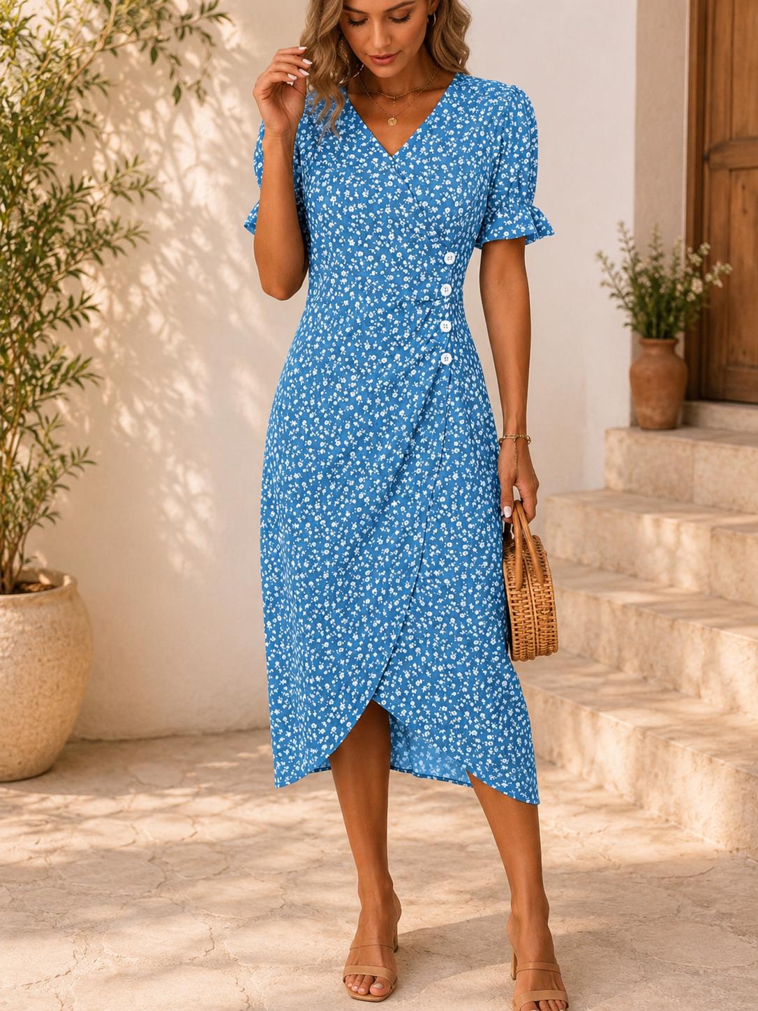 Women Floral Wrap Midi Dress for Casual Summer Occasions