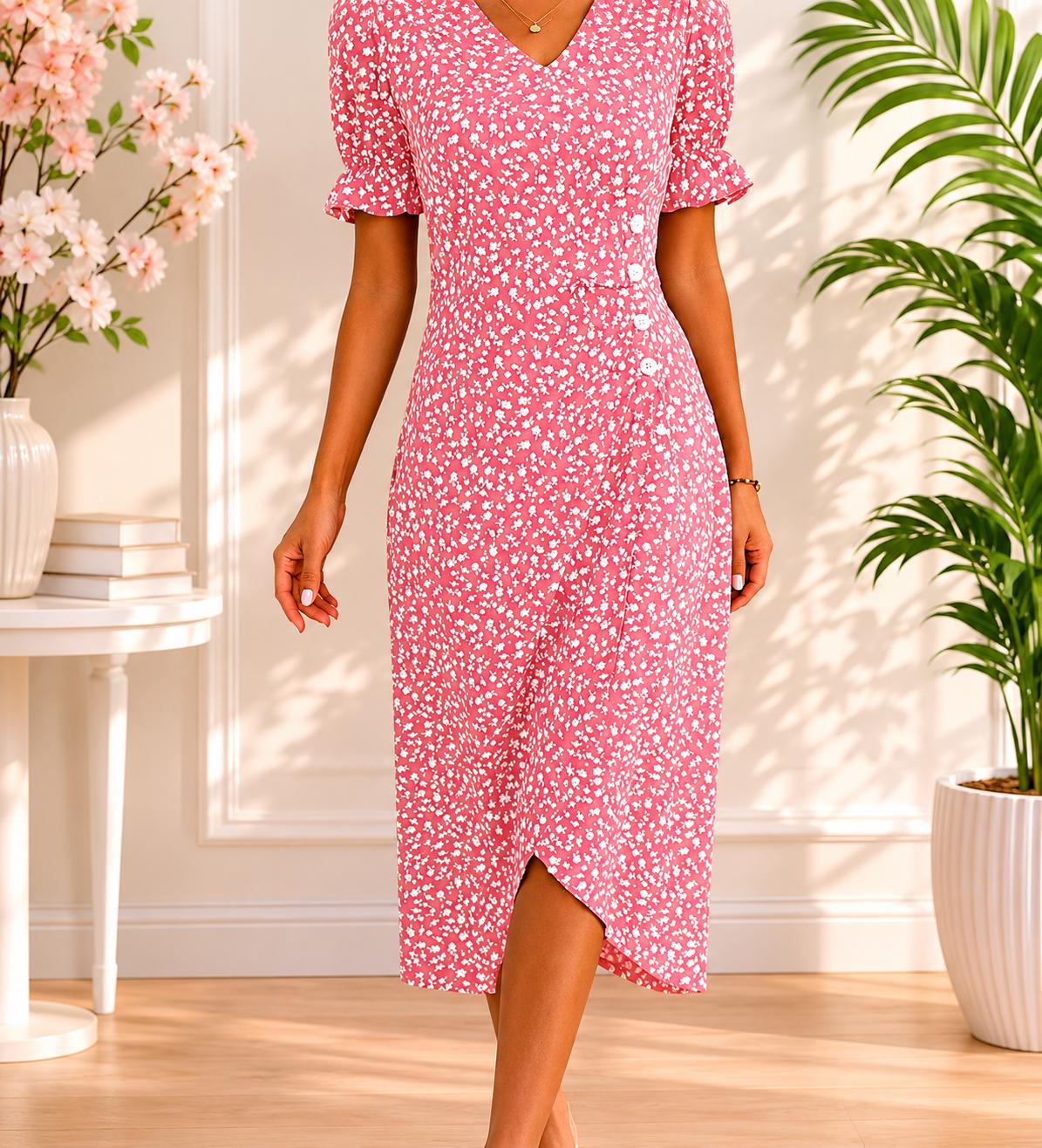 Women Floral Wrap Midi Dress for Casual Summer Occasions