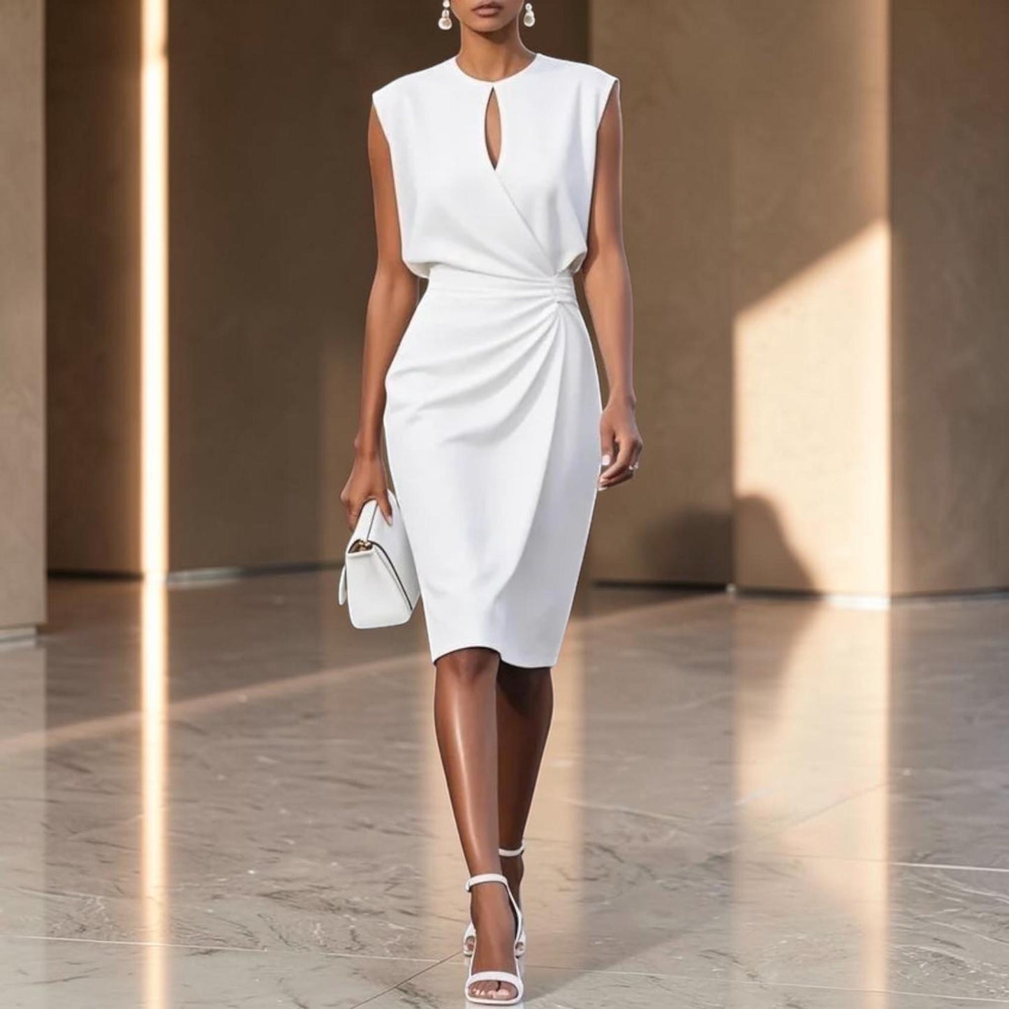 Elegant Midi Dress – Sleeveless Knot Waist Formal Dress – Wedding Guest Party Outfit – Chic Feminine Occasion Dress