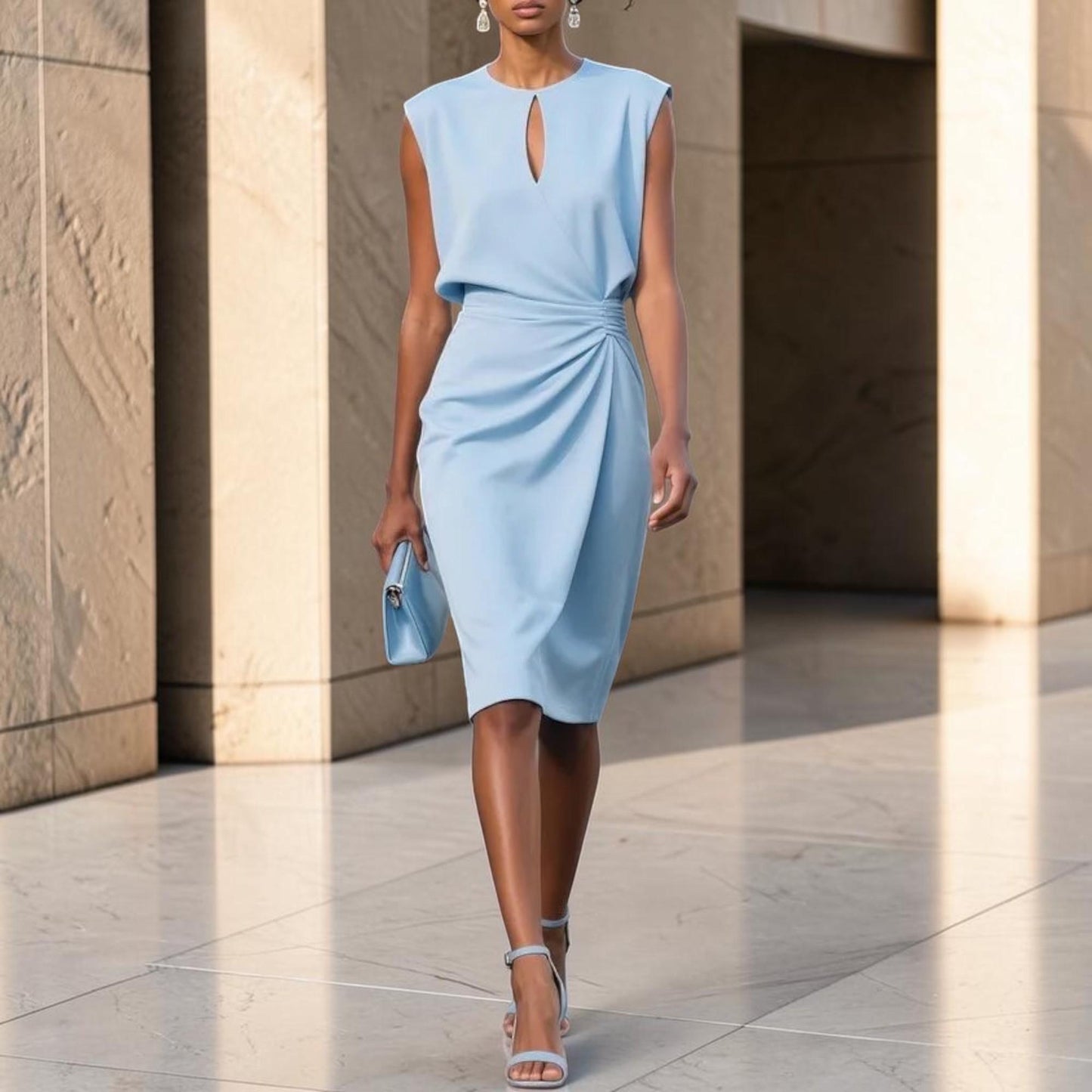 Elegant Midi Dress – Sleeveless Knot Waist Formal Dress – Wedding Guest Party Outfit – Chic Feminine Occasion Dress
