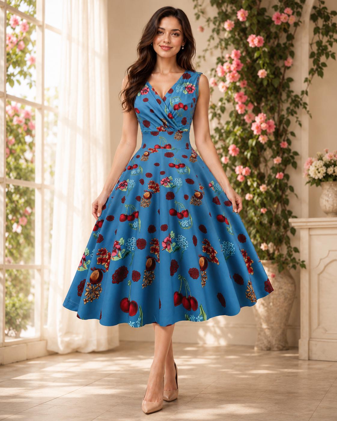 Women Vintage Inspired Floral Swing Dress for Garden Parties