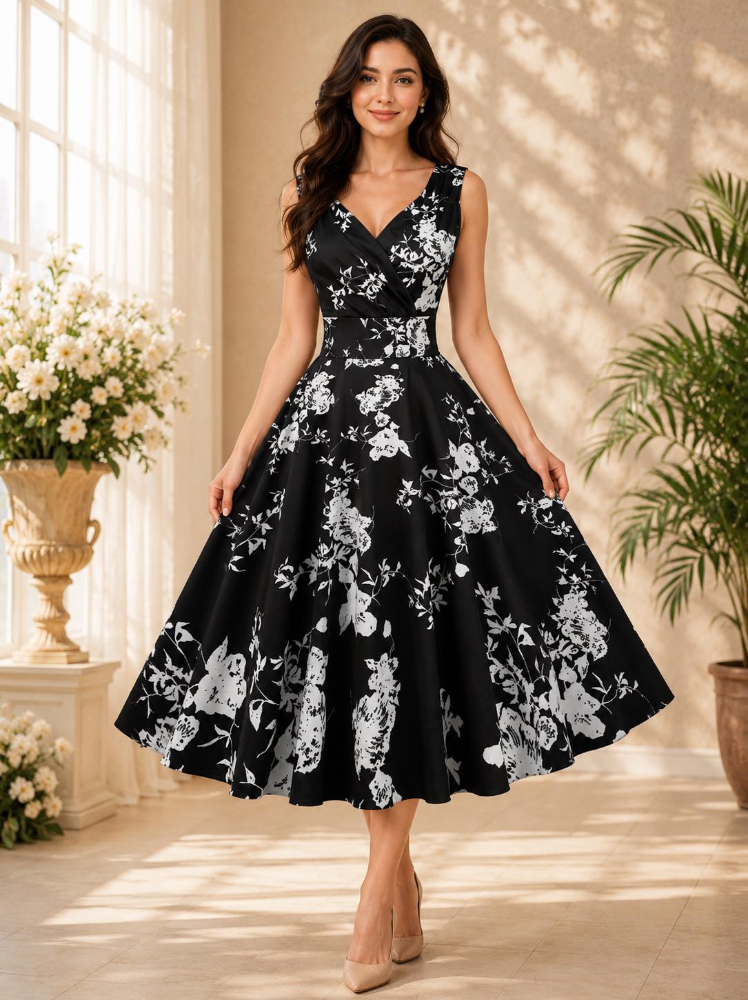 Women Vintage Inspired Floral Swing Dress for Garden Parties