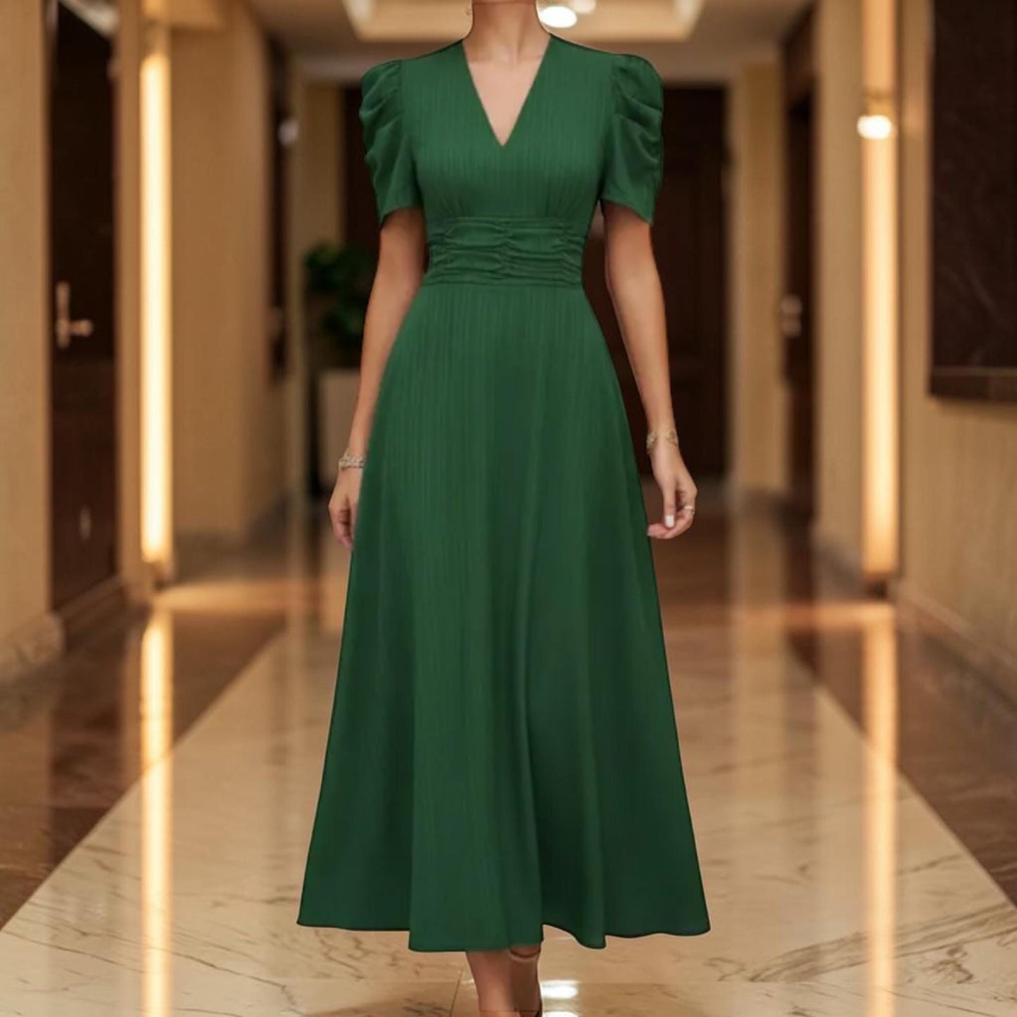 V-Neck Midi Dress for Women – Elegant Puff Sleeve Dress, Occasion Party Outfit, Flowy A-Line Cocktail Dress, Feminine Wedding Guest Dress