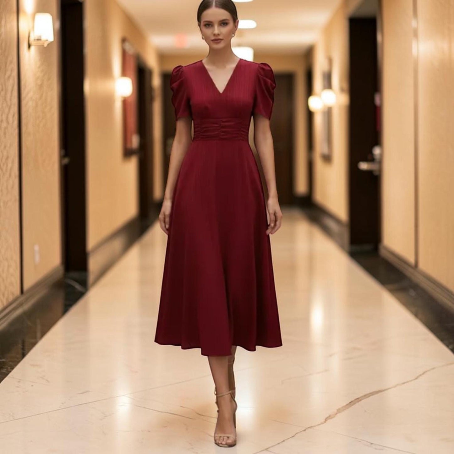 V-Neck Midi Dress for Women – Elegant Puff Sleeve Dress, Occasion Party Outfit, Flowy A-Line Cocktail Dress, Feminine Wedding Guest Dress