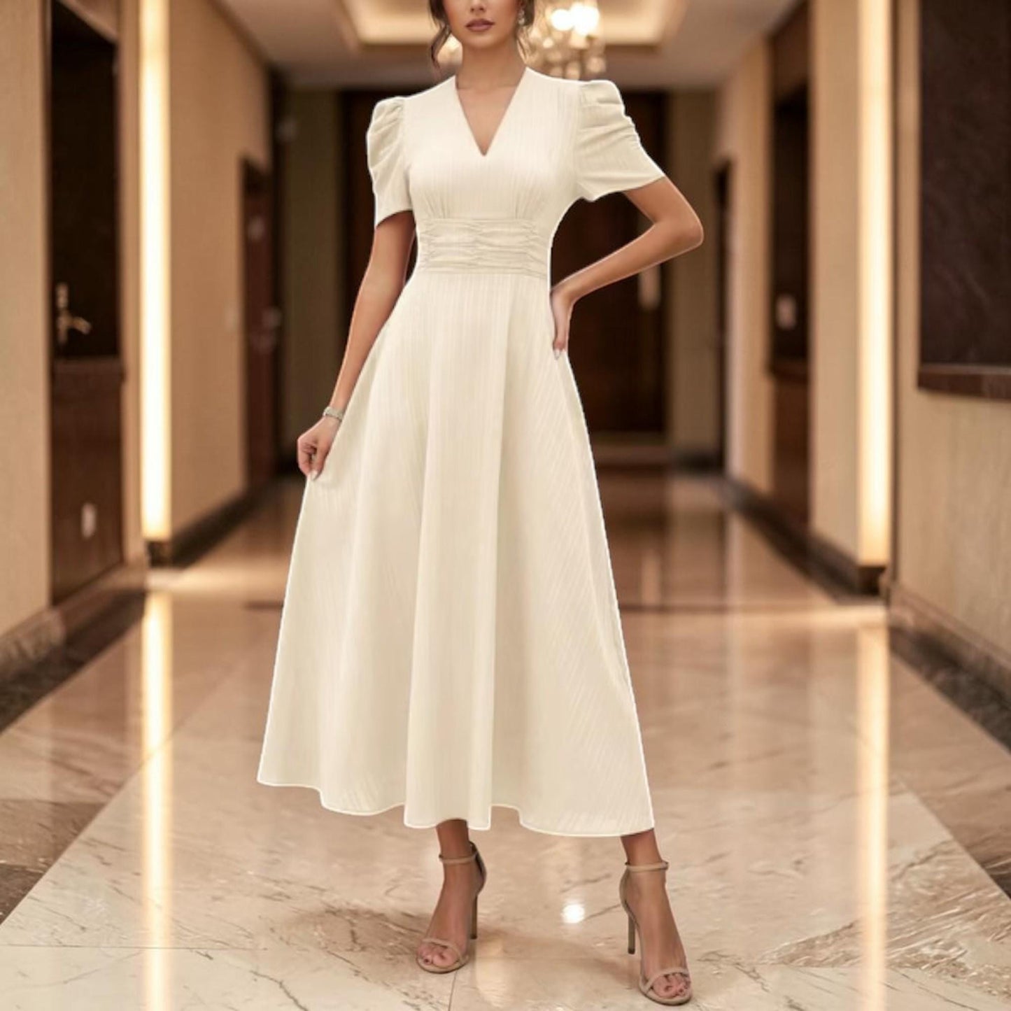 V-Neck Midi Dress for Women – Elegant Puff Sleeve Dress, Occasion Party Outfit, Flowy A-Line Cocktail Dress, Feminine Wedding Guest Dress