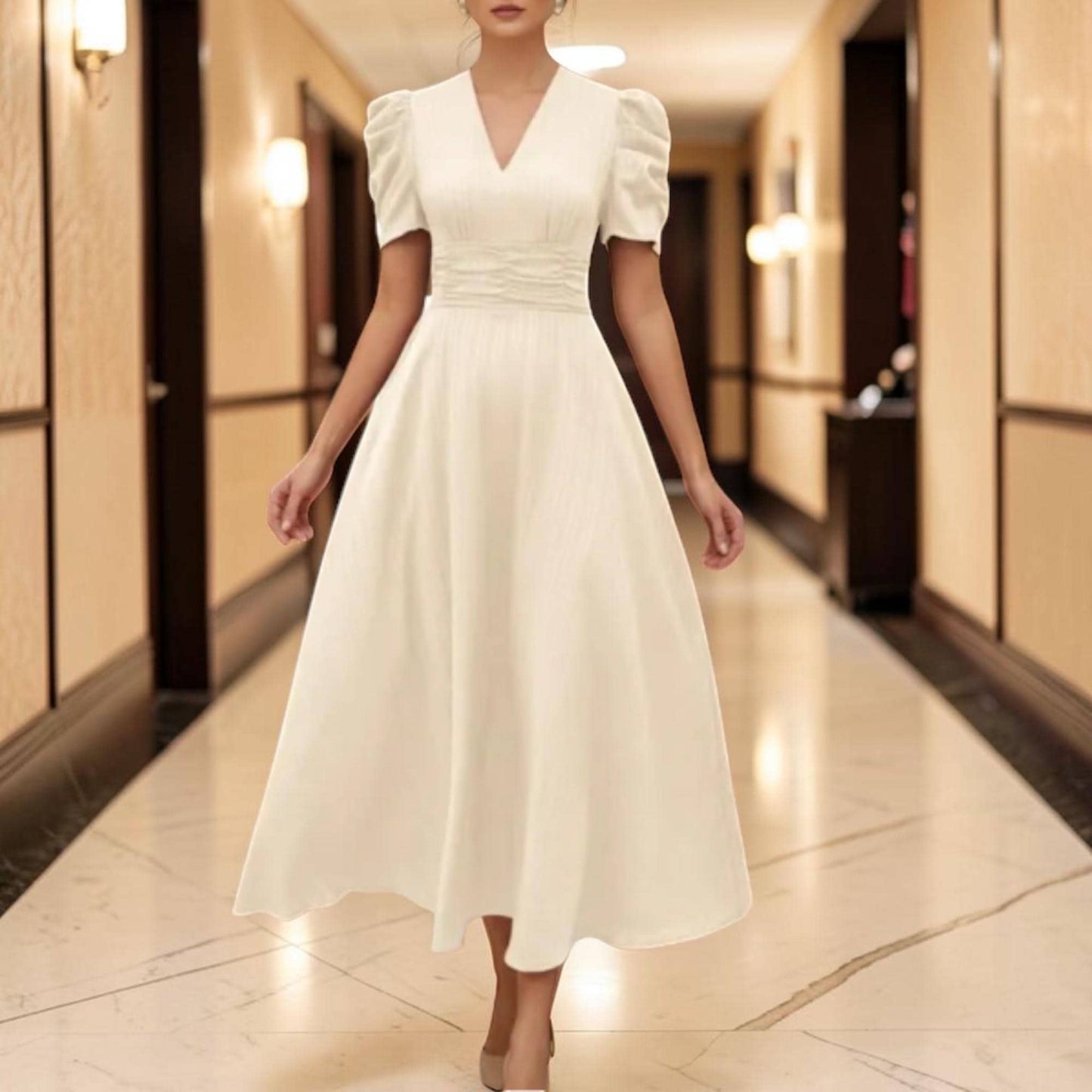 V-Neck Midi Dress for Women – Elegant Puff Sleeve Dress, Occasion Party Outfit, Flowy A-Line Cocktail Dress, Feminine Wedding Guest Dress