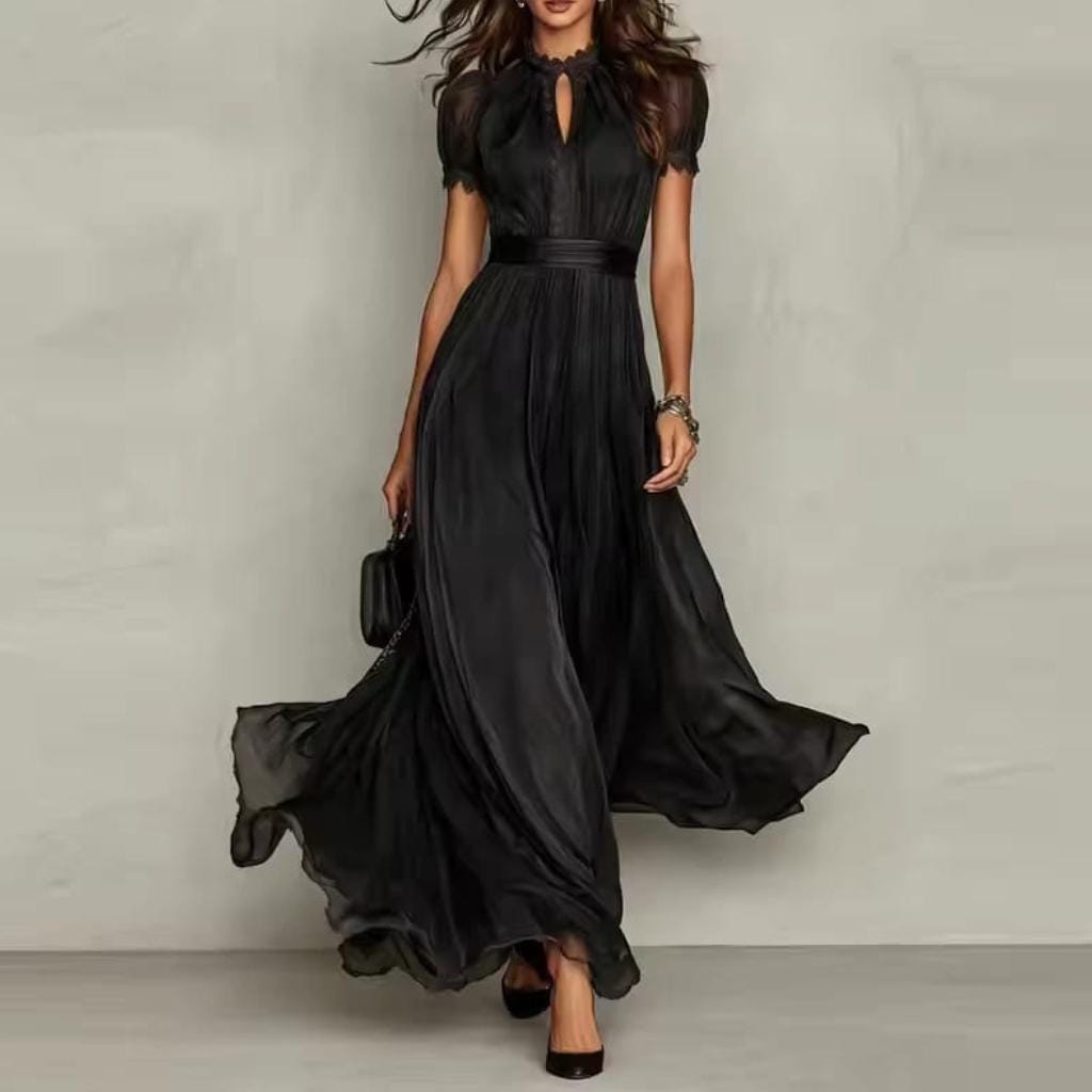 Elegant Lace Boho Maxi Dress, Pleated High Waist Summer Party Gown