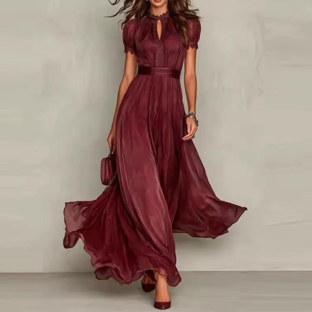 Elegant Lace Boho Maxi Dress, Pleated High Waist Summer Party Gown