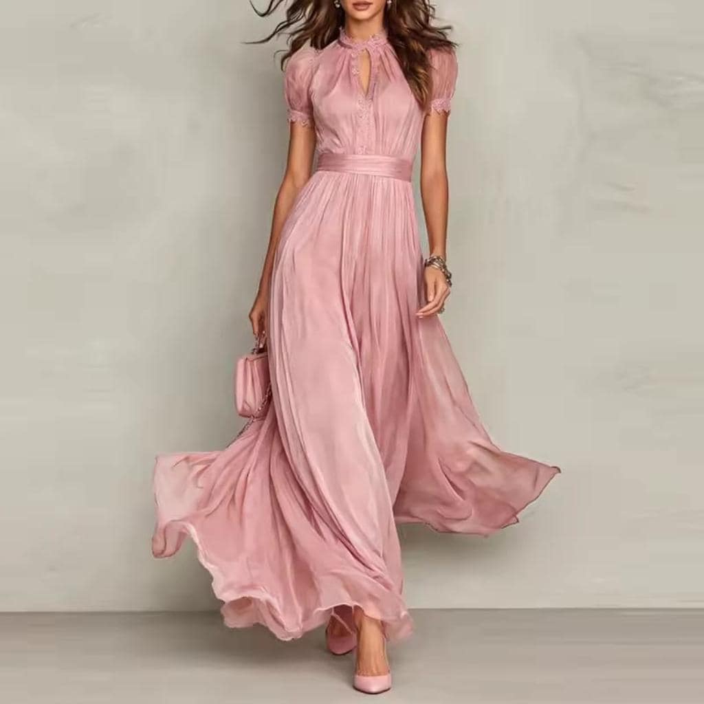 Elegant Lace Boho Maxi Dress, Pleated High Waist Summer Party Gown