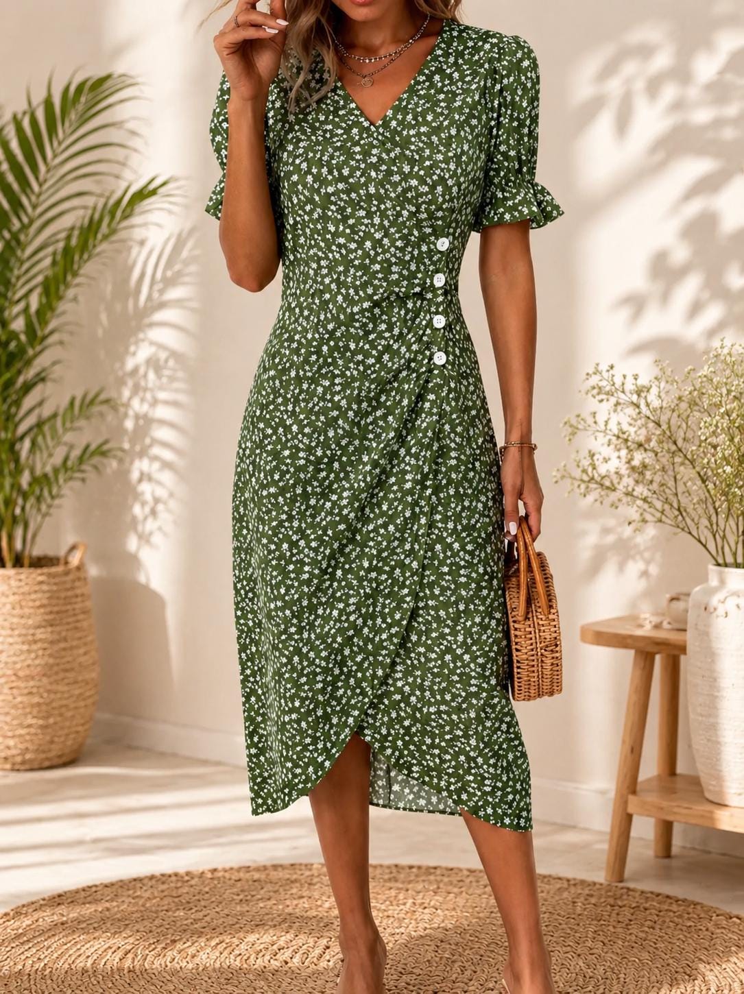 Women Floral Wrap Midi Dress for Casual Summer Occasions