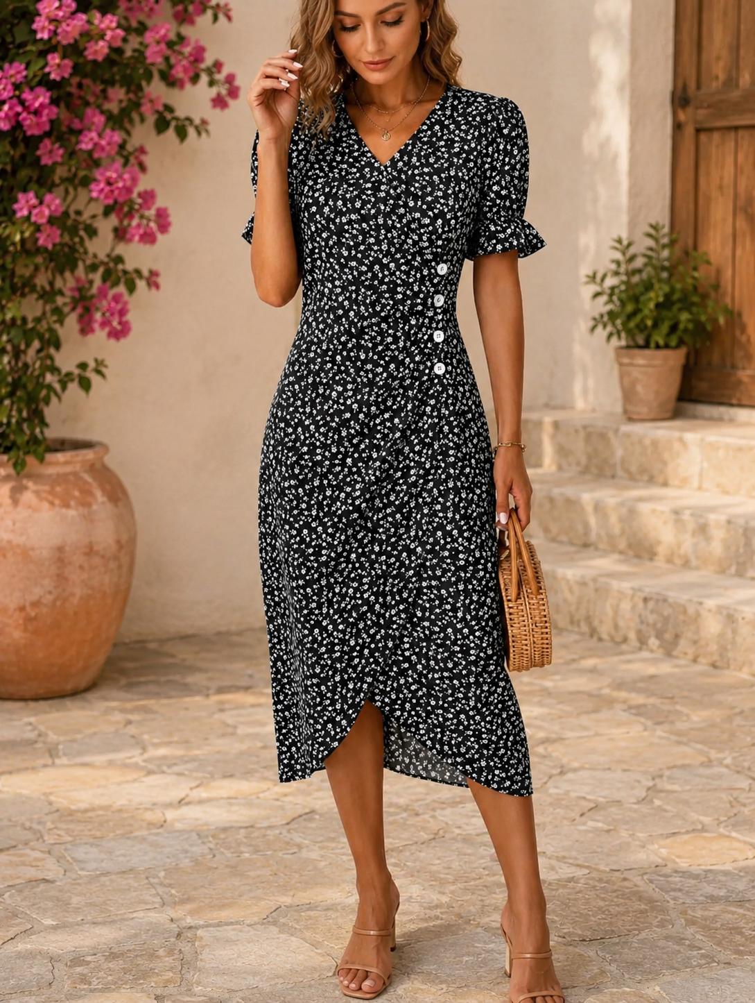 Women Floral Wrap Midi Dress for Casual Summer Occasions