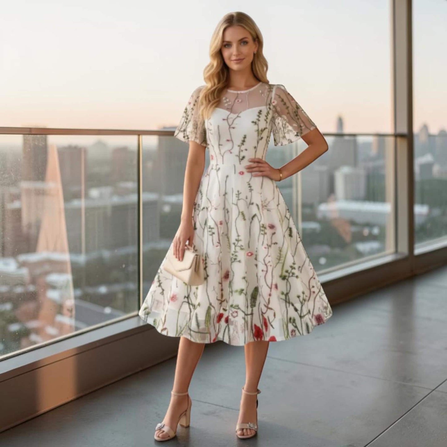 Floral Mesh Embroidered Vintage Evening Dress – Elegant O-Neck Maxi Dress, Luxury Summer Party Gown, Romantic Formal Occasion