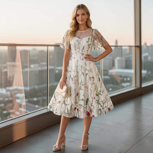 Floral Mesh Embroidered Vintage Evening Dress – Elegant O-Neck Maxi Dress, Luxury Summer Party Gown, Romantic Formal Occasion