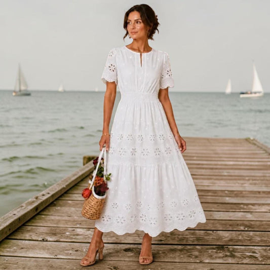 White Eyelet Midi Dress for Women – Elegant Summer Dress, Feminine A-Line Midi Dress, Romantic Cotton Eyelet Dress, Beach Vacation Outfit