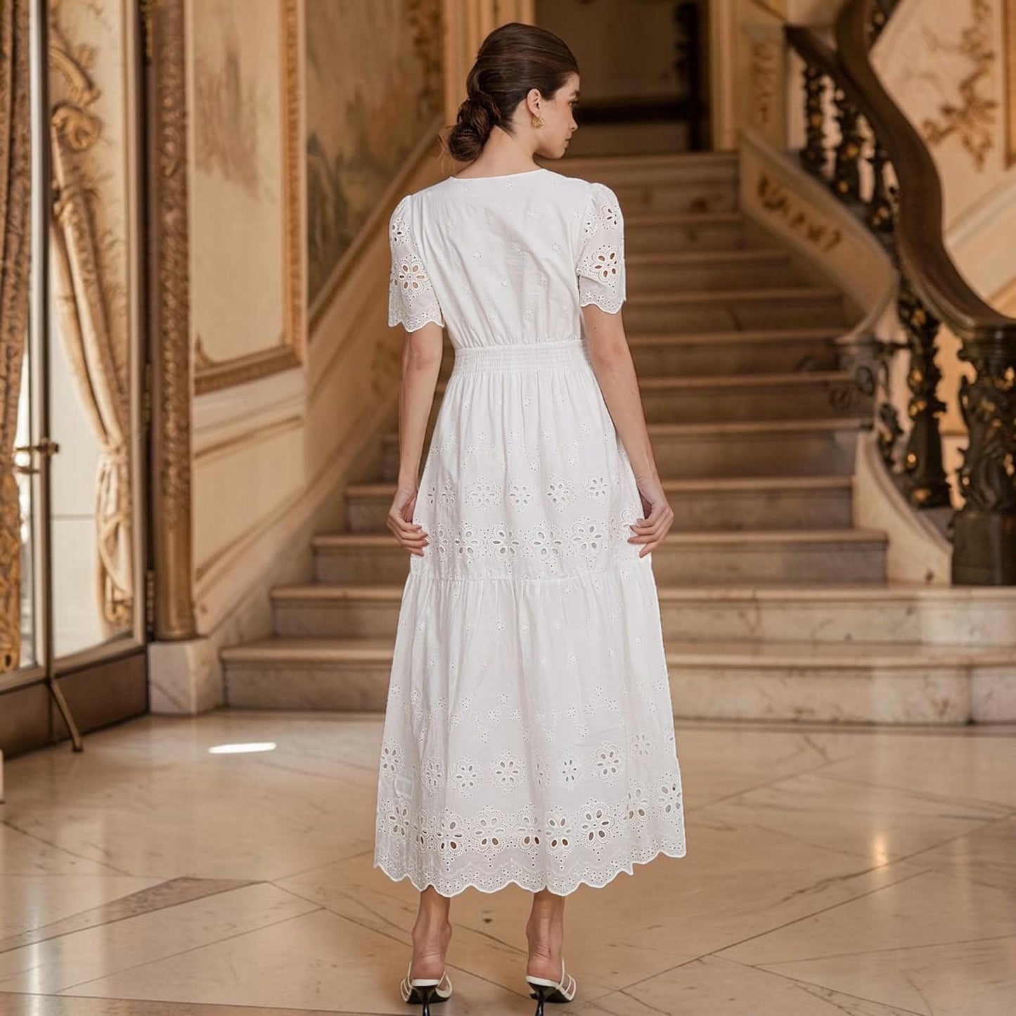 White Eyelet Midi Dress for Women – Elegant Summer Dress, Feminine A-Line Midi Dress, Romantic Cotton Eyelet Dress, Beach Vacation Outfit
