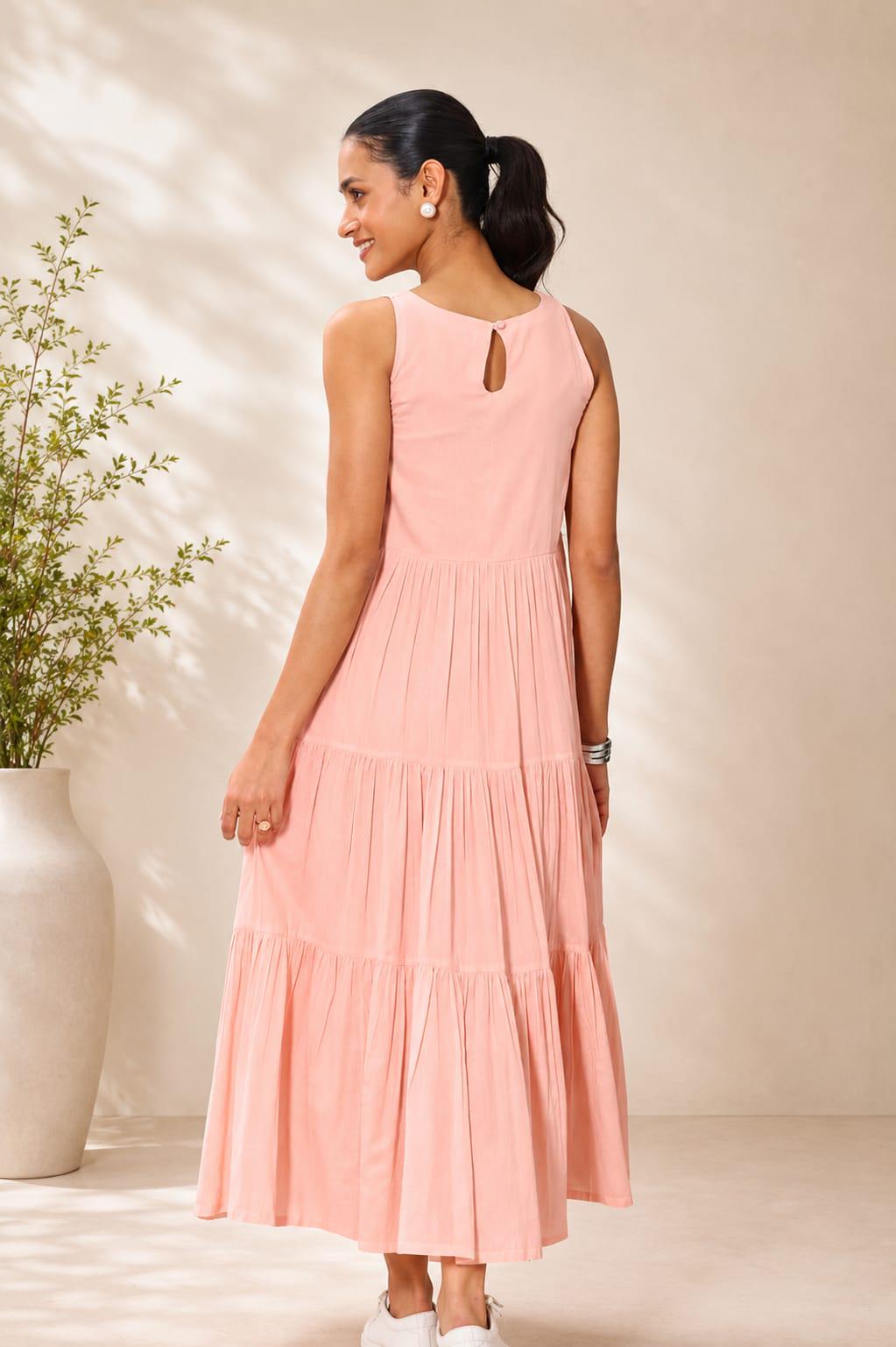 Cotton Tiered Midi Dress For Women | Sleeveless Summer Dress | Pastel Pink Green Dress | Casual Maxi Dress | Boho Beach Vacation Outfit