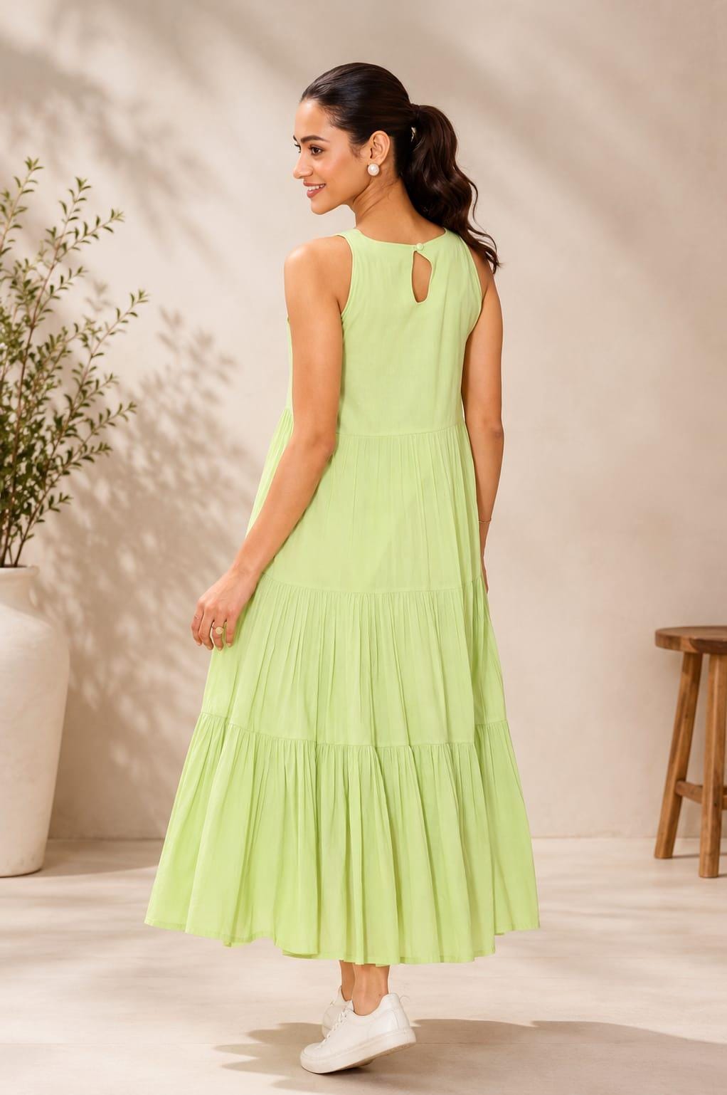 Cotton Tiered Midi Dress For Women | Sleeveless Summer Dress | Pastel Pink Green Dress | Casual Maxi Dress | Boho Beach Vacation Outfit