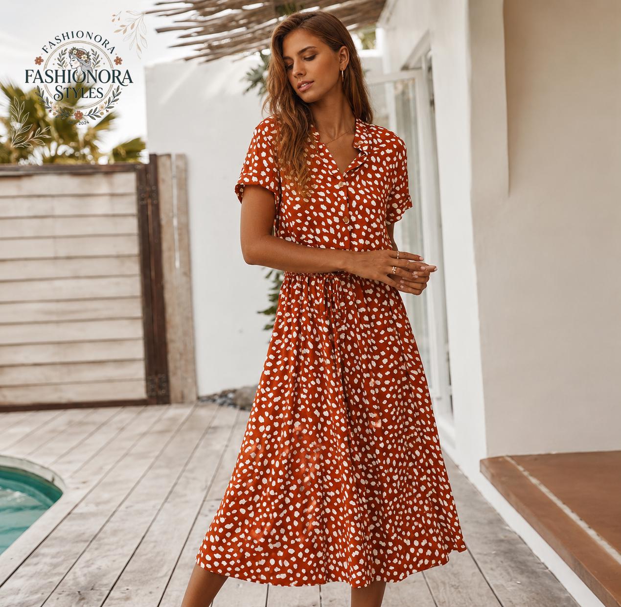 Cotton Midi Dress, Polka Dot, Button Front Maxi Tunic, Casual Shirt, Boho Summer Dress