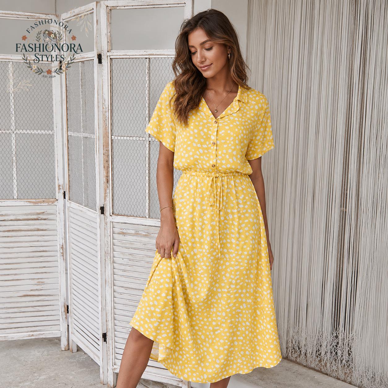 Cotton Midi Dress, Polka Dot, Button Front Maxi Tunic, Casual Shirt, Boho Summer Dress