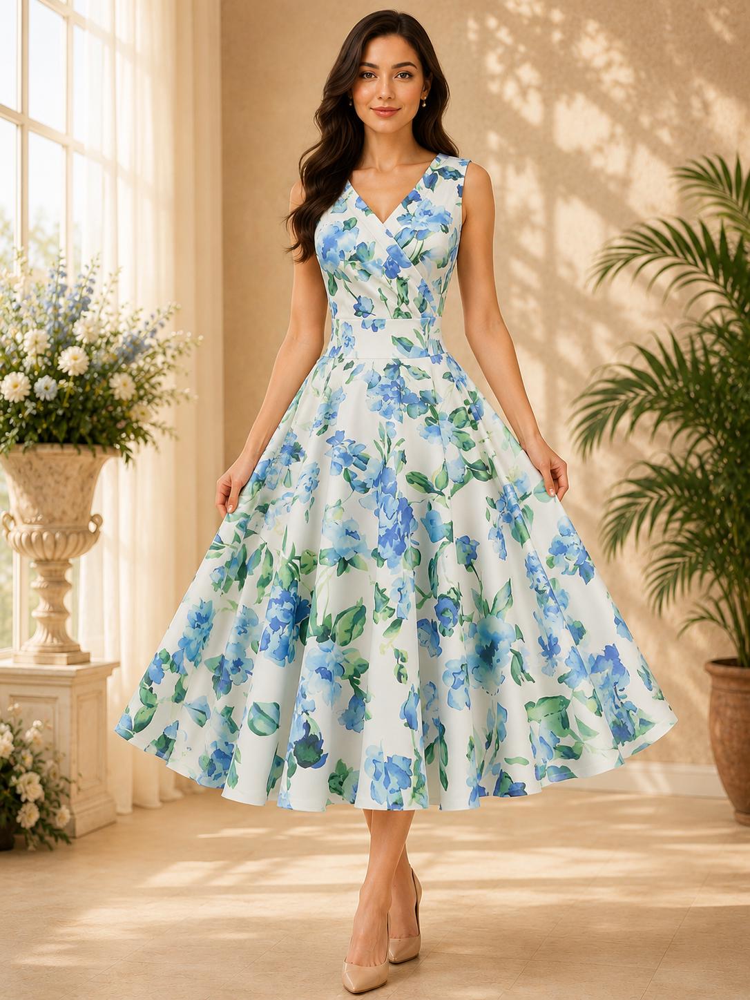 Women Vintage Inspired Floral Swing Dress for Garden Parties